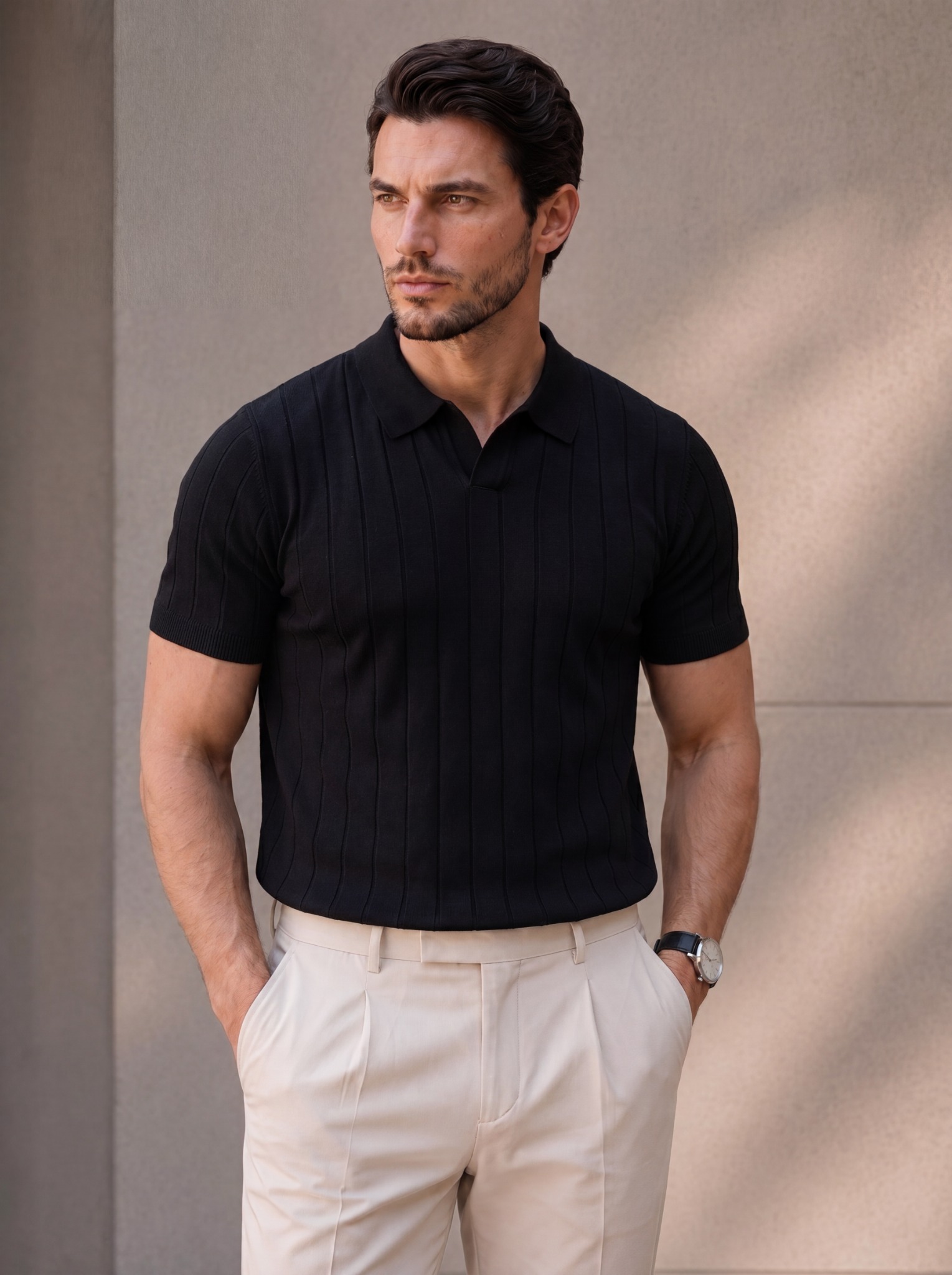 BAYMAN black short-sleeve polo styled with cream trousers